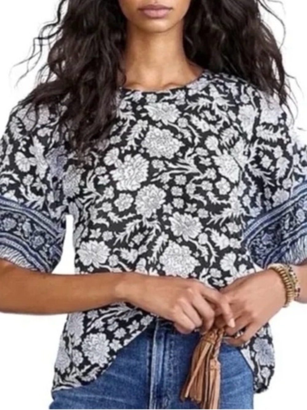 Anthropologie Black and White Floral Puff-Sleeve Blouse
